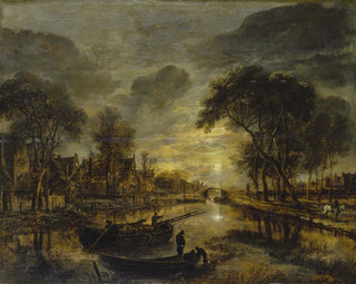 Aert van der Neer - Nocturnal Canal Landscape with Fishing Boats.webp