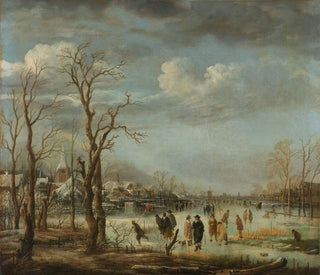 Landschap in de winter nabij een stad met kale bomen - Aert van der Neer — weergave van het kunstwerk