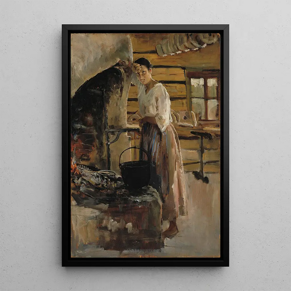 Woman cooking corégone - Akseli Gallen-Kallela — framed artwork on a wall