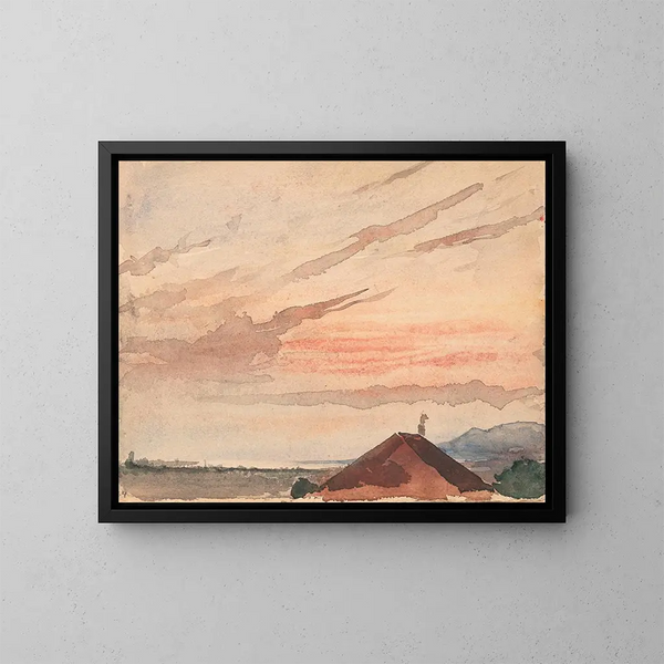 Vue sur un toit de maison vers l'extrémité nord-est du lac de Neuchâtel au crépuscule - Albert Anker — ingelijst kunstwerk aan de muur