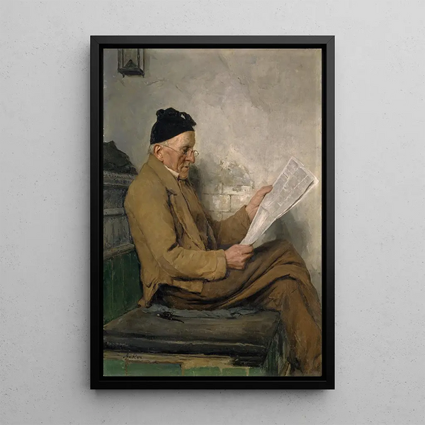 van het boeren schilderij lezend op de bank bij de kachel - Albert Anker — ingelijst kunstwerk aan de muur