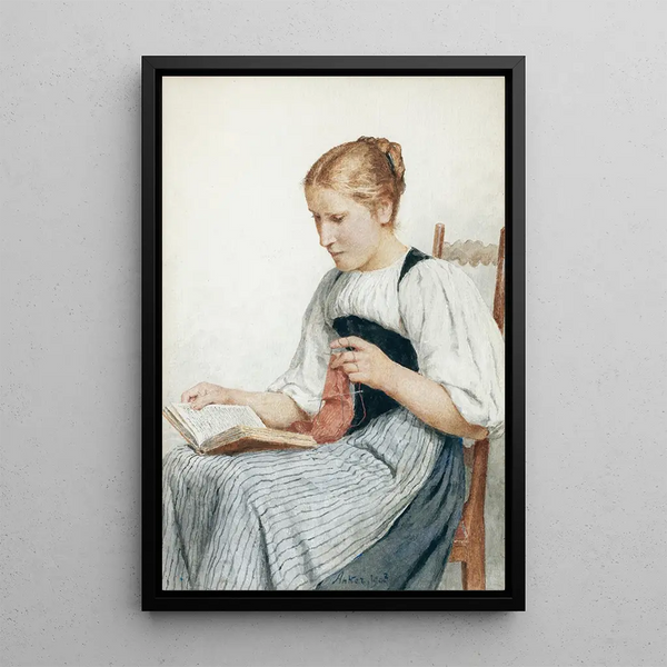 Reproductie van het schilderij Meisje breien en lezen - Albert Anker