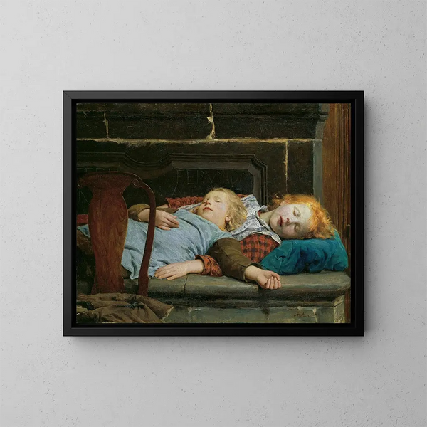 van twee slapende meisjes op de bank van de kachel - Albert Anker — ingelijst kunstwerk aan de muur