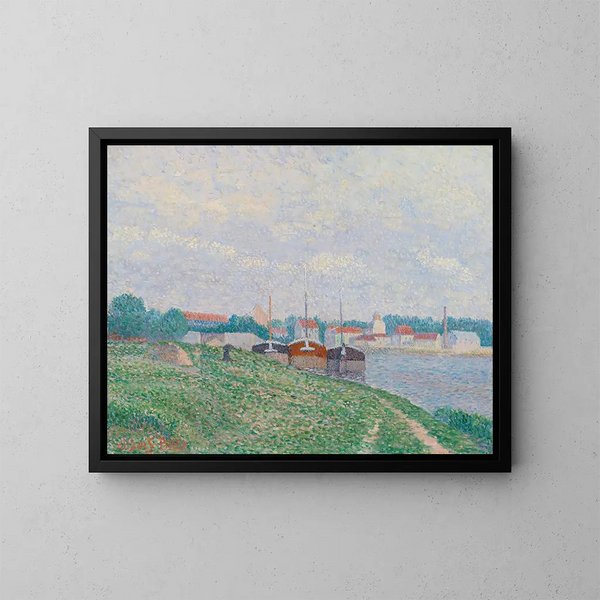 Three barges moored near an industrial city - Albert Dubois-Pillet — framed artwork on a wall