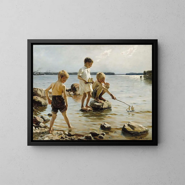 van Kinderen die op de oever spelen - Albert Edelfelt — ingelijst kunstwerk aan de muur