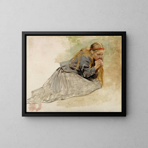 Study of Mary Magdalene kneeling for The Christ and Mary Magdalene - Albert Edelfelt — framed artwork on a wall