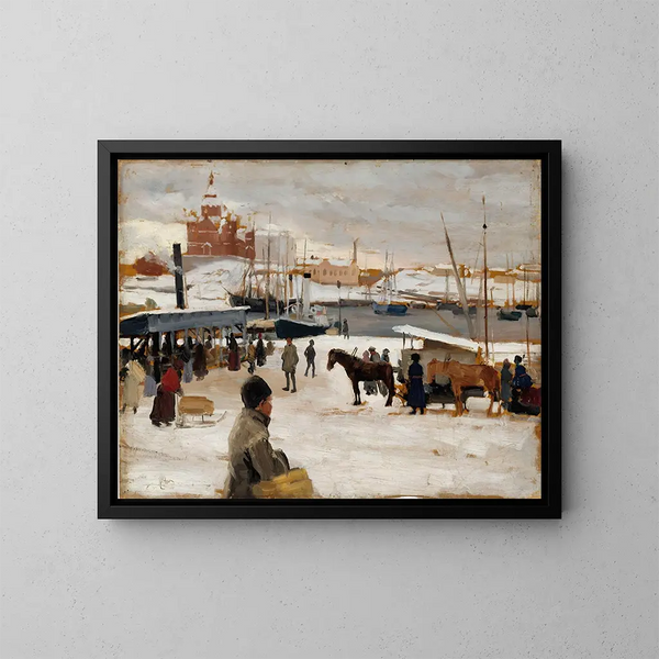 van het winterdag schilderij op de marktplein van Helsinki - Albert Edelfelt — ingelijst kunstwerk aan de muur