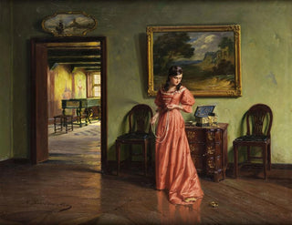 Albert Friedrich Schrder - Junge Dame beim Anlegen einer Perlenkette.webp