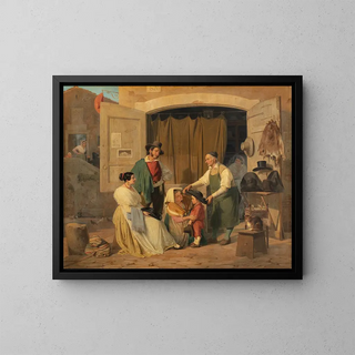 van de Romeinse boeren die een hoed kopen voor hun kleinzoon die abt moet worden - Albert Kühler — ingelijst kunstwerk aan de muur