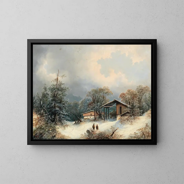 Winter landscape painting with decorative figures - Albert Lang — framed artwork on a wall