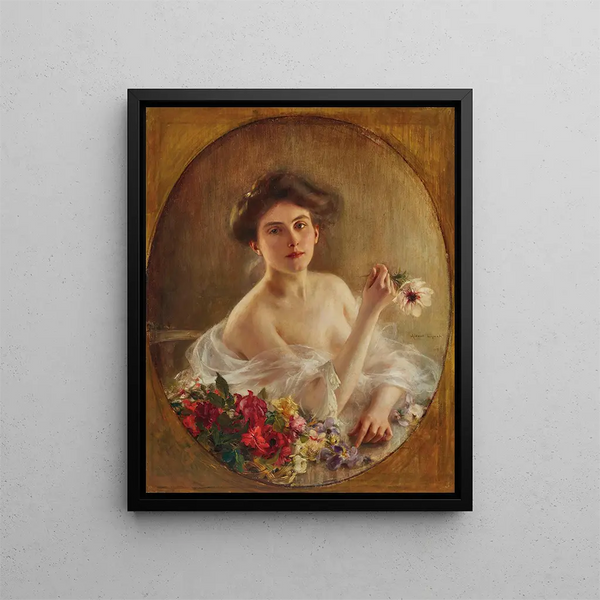 Portrait of a young woman with flowers - Albert Lynch — framed artwork on a wall