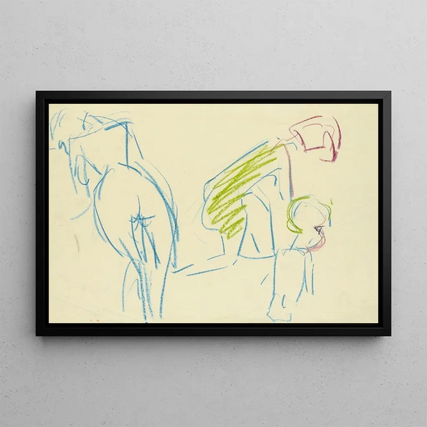 Sketch of a female nude and woman with child - Albert Müller — framed artwork on a wall