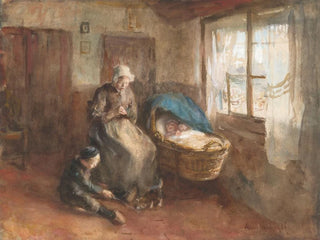 Binnenlandschap met een vrouw bij een wieg en een jongen op de grond - Albert Neuhuys — weergave van het kunstwerk