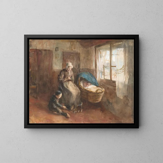 Binnenlandschap met een vrouw bij een wieg en een jongen op de grond - Albert Neuhuys — ingelijst kunstwerk aan de muur