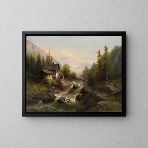 Landscape with Watermill in the Bernese Oberland - Albert Rieger — framed artwork on a wall