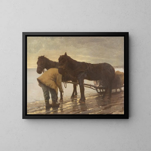Farm Painting with a horse-drawn cart in a winter landscape - Albert Stagura — framed artwork on a wall