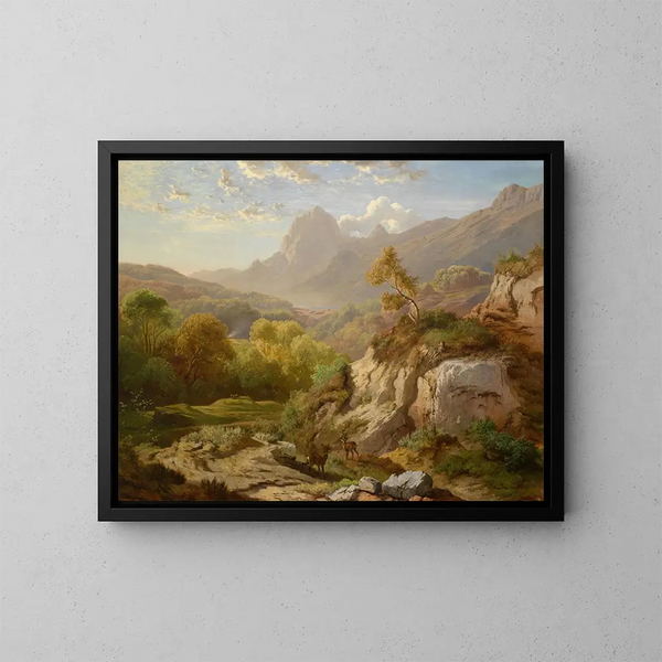Deer in a vast mountain landscape - Albert Zimmermann — framed artwork on a wall