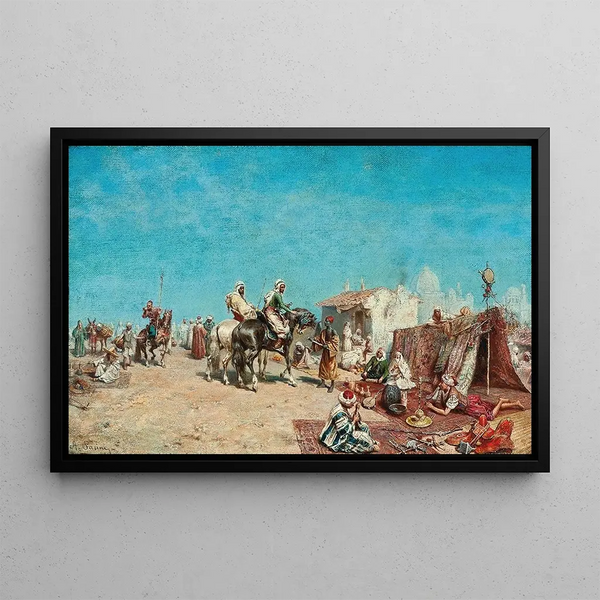 Arab merchants painting on a market near the city walls - Alberto Pasini — framed artwork on a wall