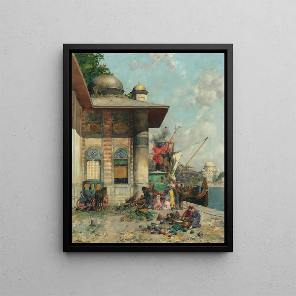 Market Day Painting A Caprice of the Riverside of the Old City of Constantinople - Alberto Pasini — framed artwork on a wall