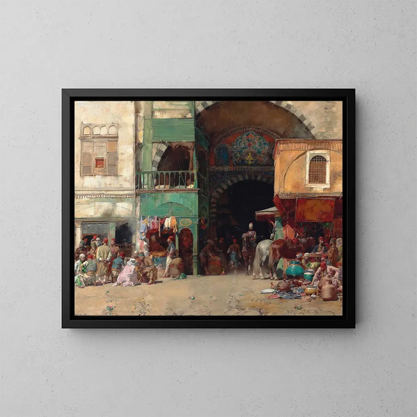 Market at the entrance of a bazaar in Constantinople - Alberto Pasini — framed artwork on a wall