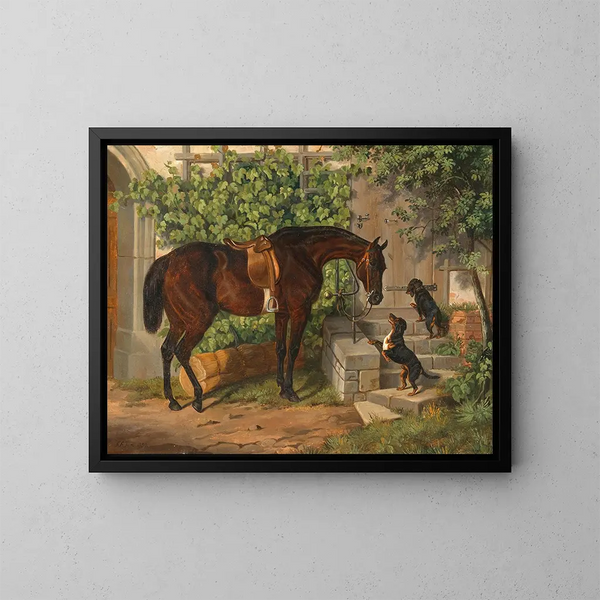 a bay horse and curious dachshunds - Albrecht Adam — framed artwork on a wall