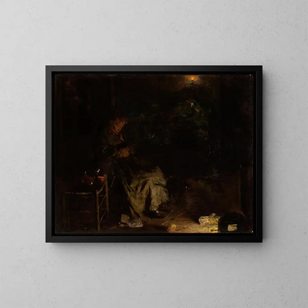 Old woman watching over a dead body I - Aleksander Gierymski — framed artwork on a wall