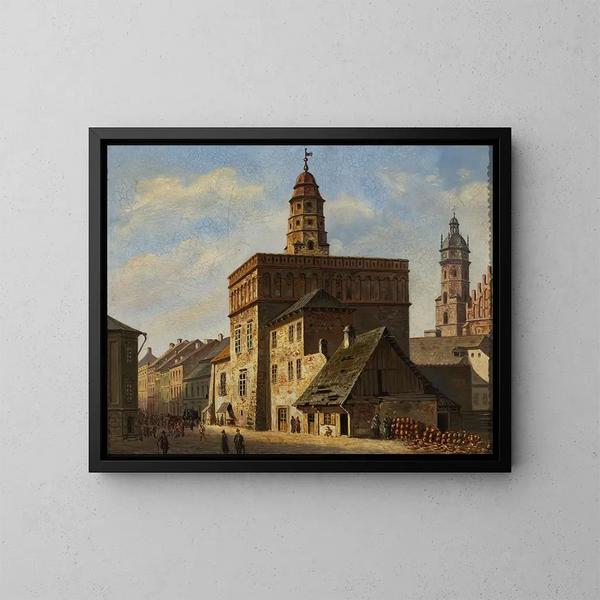 an Old painting of the town hall on Wolnica square in Kazimierz, Kraków - Aleksander Gryglewski — framed artwork on a wall