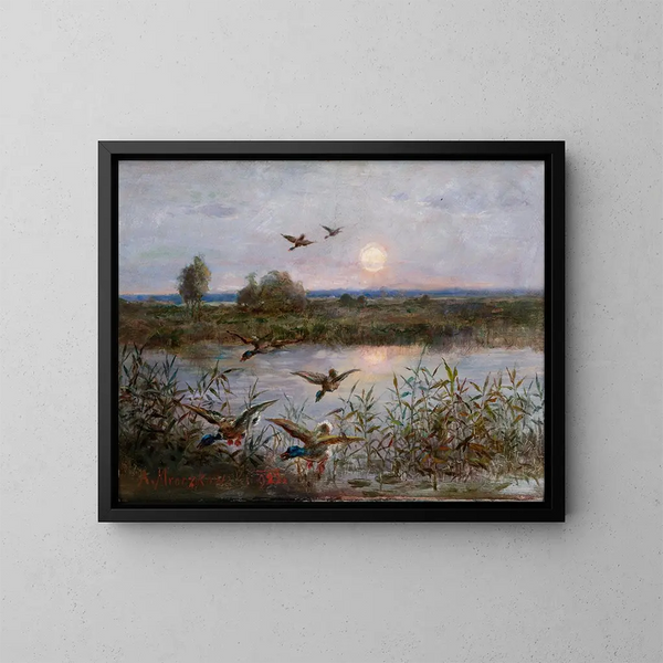Ducks above the marshes - Aleksander Mroczkowski — framed artwork on a wall
