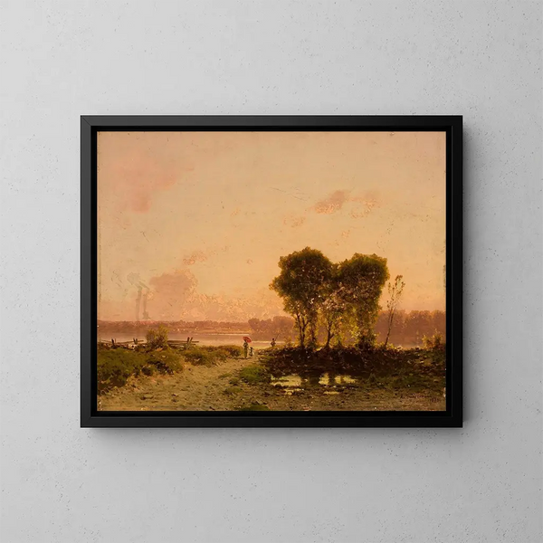 Landscape with a River at Sunset - Aleksander Swieszewski — framed artwork on a wall