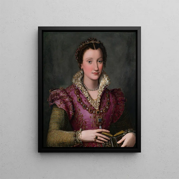 Portrait of a lady (case conflict) - Alessandro Allori — framed artwork on a wall