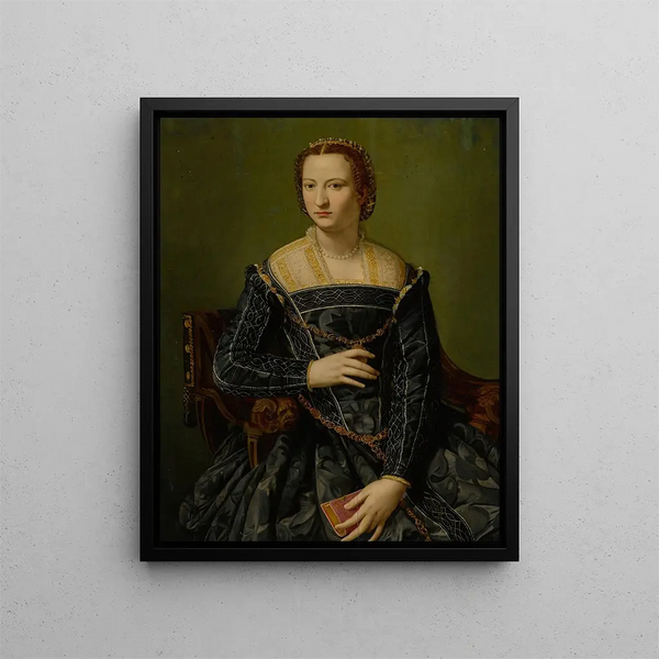 Portrait of a Lady in Black - Alessandro Allori — framed artwork on a wall