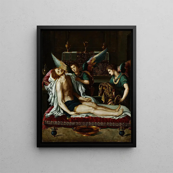 The Body of Christ anointed by two angels - Alessandro Allori — framed artwork on a wall