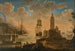 van een Capriccio van schepen in een Middellandse Zeehaven met vissers die hun boot lossen op de voorgrond - Alessandro Grevenbroeck — weergave van het kunstwerk