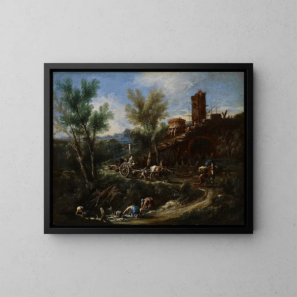 Landscape Painting with Gypsies and Laundresses - Alessandro Magnasco — framed artwork on a wall