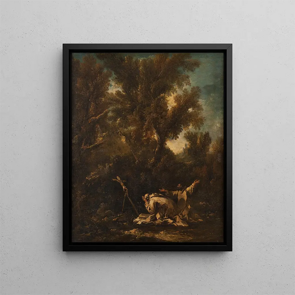 Landscape with Two Repentant Monks - Alessandro Magnasco — framed artwork on a wall
