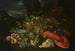 Een mandje citroenen, asperges, perziken, een meloen, pruimen, druiven en andere vruchten met een kreeft in een landschap - Alexander Coosemans — weergave van het kunstwerk