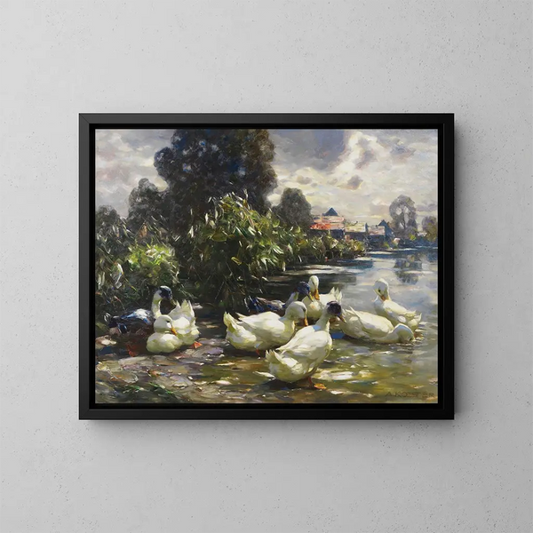 Huit canards au bord de l'eau - Alexander Koester — framed artwork on a wall