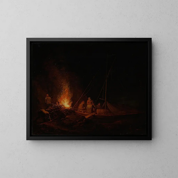 Fishermen lighting a campfire - Alexander Laurus — framed artwork on a wall