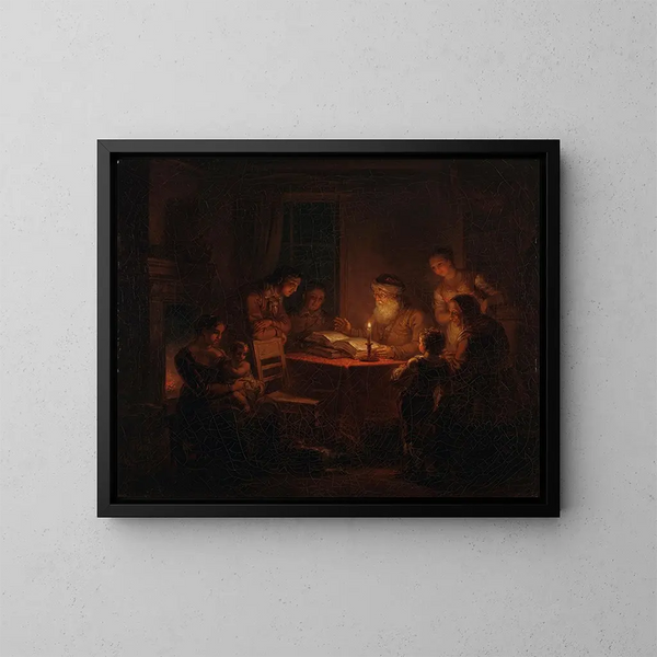 Jewish Rabbi reading the Bible to his family - Alexander Laurus — framed artwork on a wall