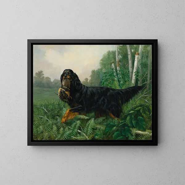 Setter Gordon in a landscape - Alexander Pope Jr — framed artwork on a wall
