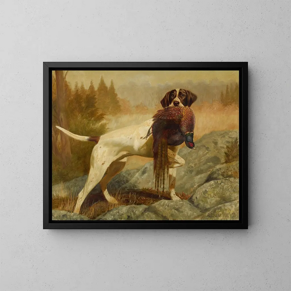 Pointer with pheasant - Alexander Pope Jr — framed artwork on a wall