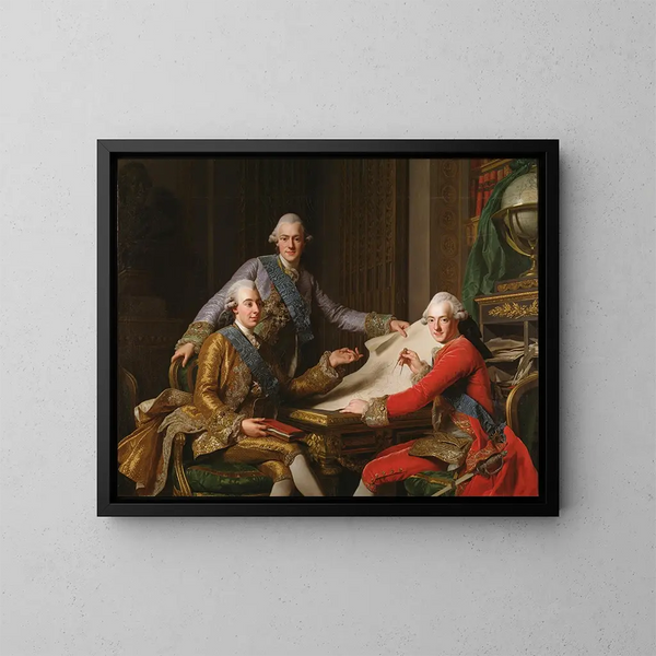 The King Gustav III of Sweden and his brothers - Alexander Roslin — framed artwork on a wall