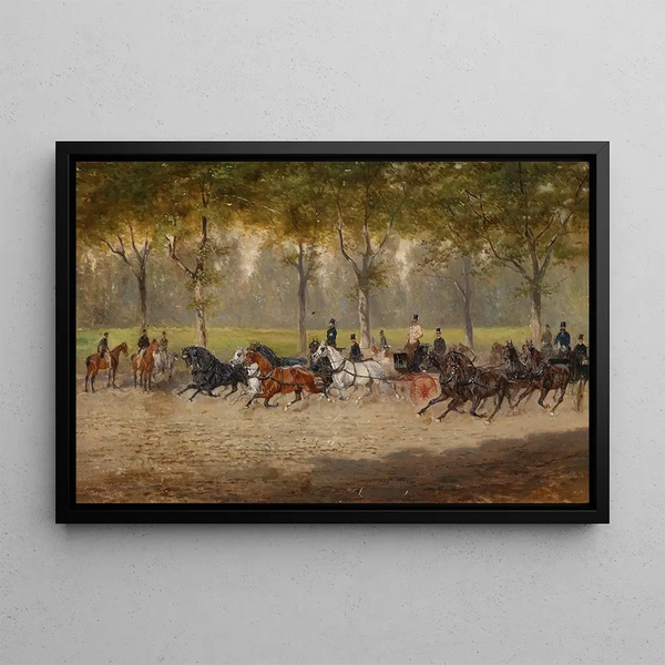 Horse-drawn carriage race painting - Alexander von Bensa — framed artwork on a wall