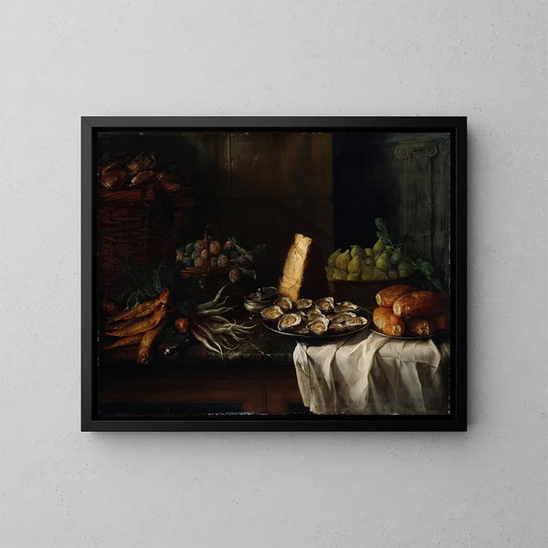 Still life with oysters and breakfast - Alexandre François Desportes — framed artwork on a wall