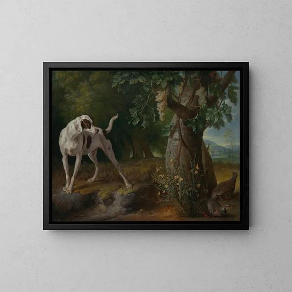 a dog pointing partridges in a landscape - Alexandre François Desportes — framed artwork on a wall