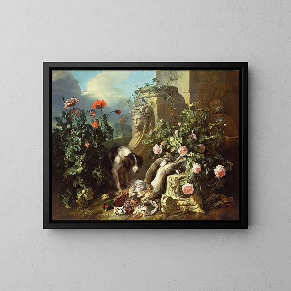 Dogs with flowers and dead game - Alexandre François Desportes — framed artwork on a wall
