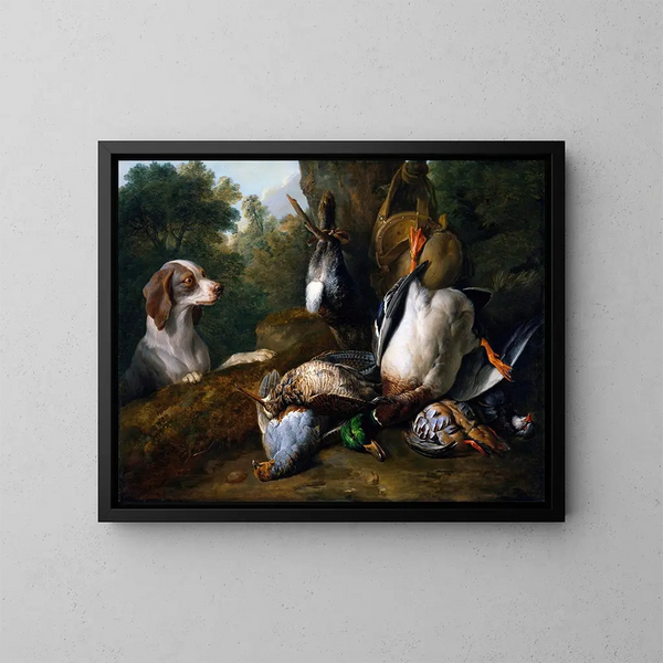 Still life with a dog and game - Alexandre François Desportes — framed artwork on a wall