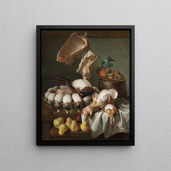 Still life with game meat and dressed fruits - Alexandre François Desportes — framed artwork on a wall