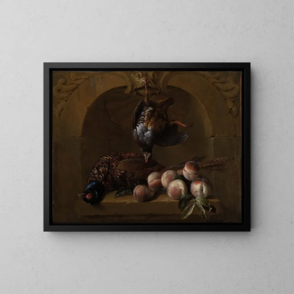 Still life with pheasant with red legs and peaches - Alexandre François Desportes — framed artwork on a wall