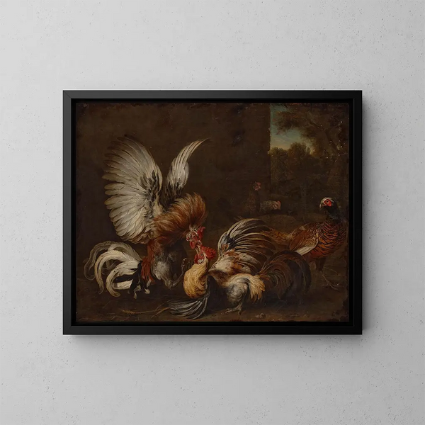 Two roosters fighting in a farmyard with a pheasant and two hens nearby - Alexandre François Desportes — framed artwork on a wall